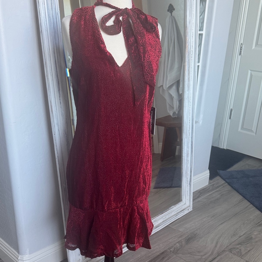 Karl New with tags Elegant Red Sleeveless Dress with Bow Wrap Neck Tie Size 10